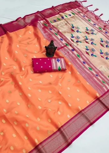 Peach Women's Organza Paithani Saree with Zari Butti live image