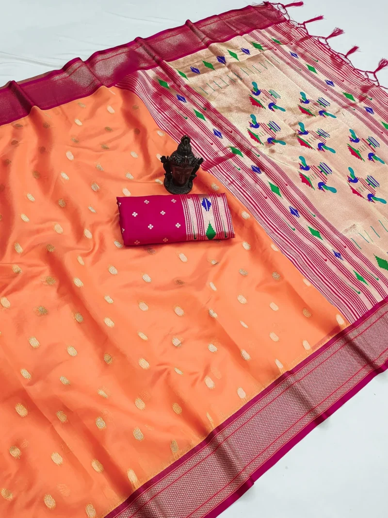Peach Women's Organza Paithani Saree with Zari Butti live image