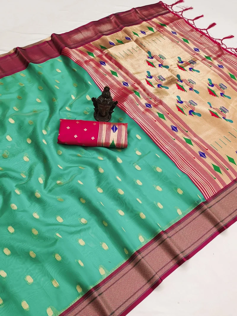 Sea Green Women's Organza Paithani Saree with Zari Butti live image