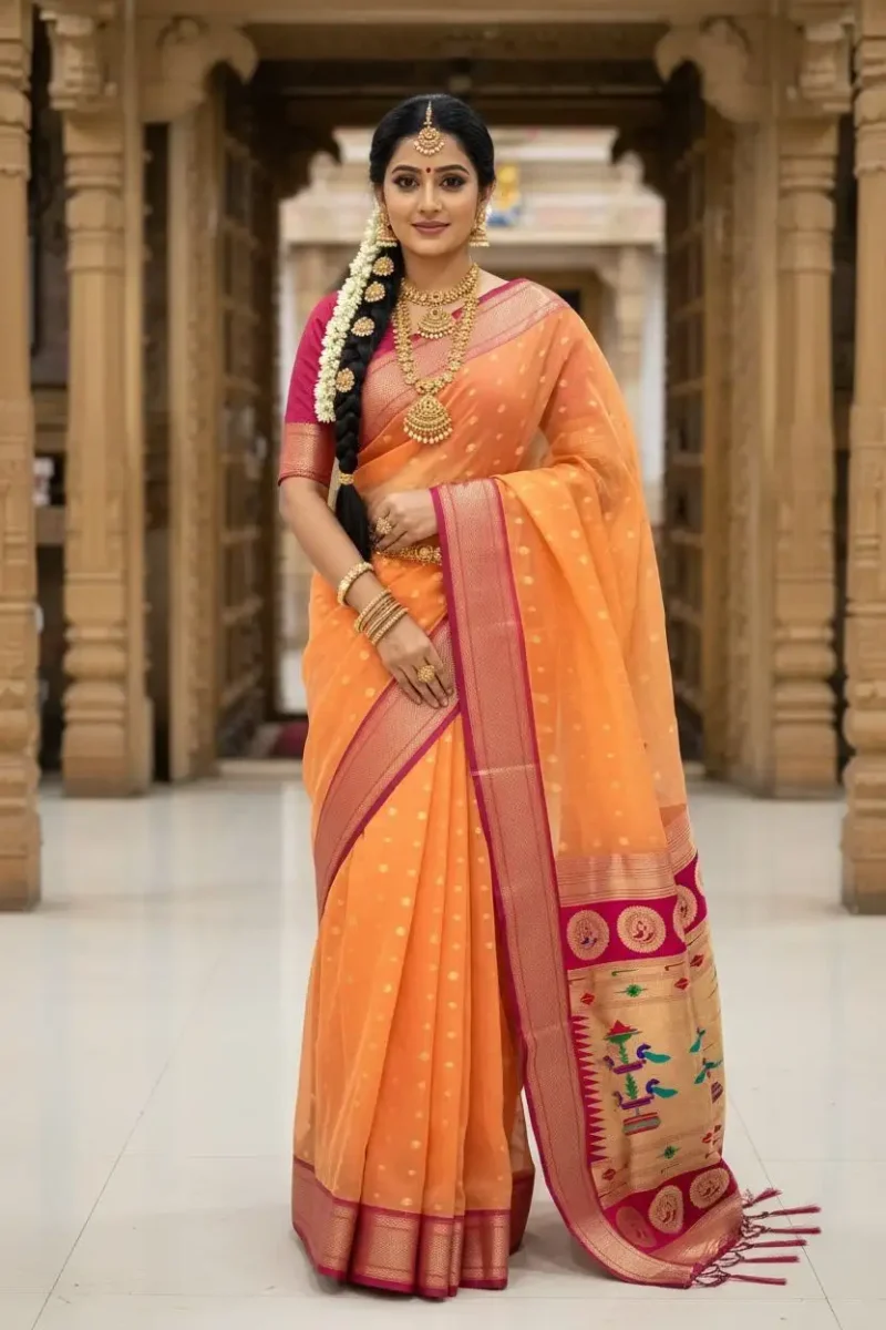 Peach Women's Organza Paithani Saree with Zari Butti