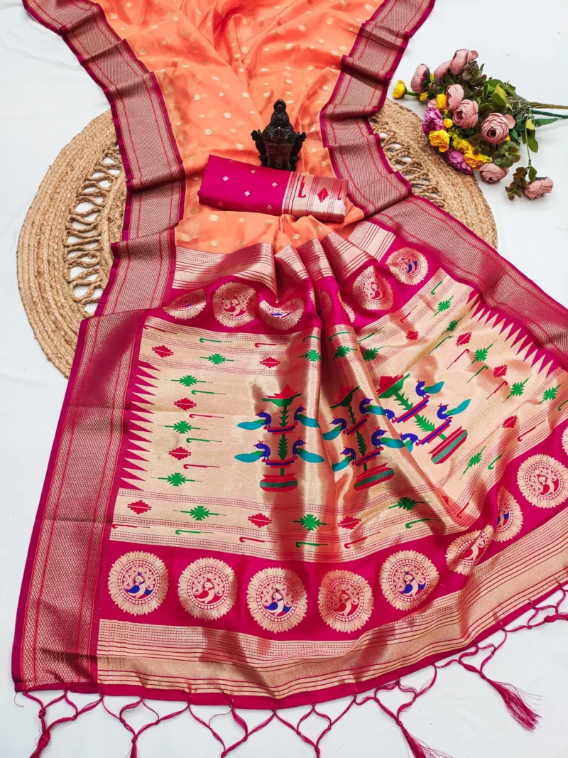 Peach Women's Organza Paithani Saree with Zari Butti Pallu