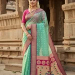 Sea Green Women's Organza Paithani Saree with Zari Butti