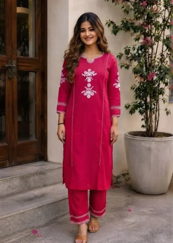 Women's Pink Embroidered Cotton Kurta Pant Set