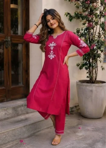 Women's Pink Embroidered Cotton Kurta Pant Set front look