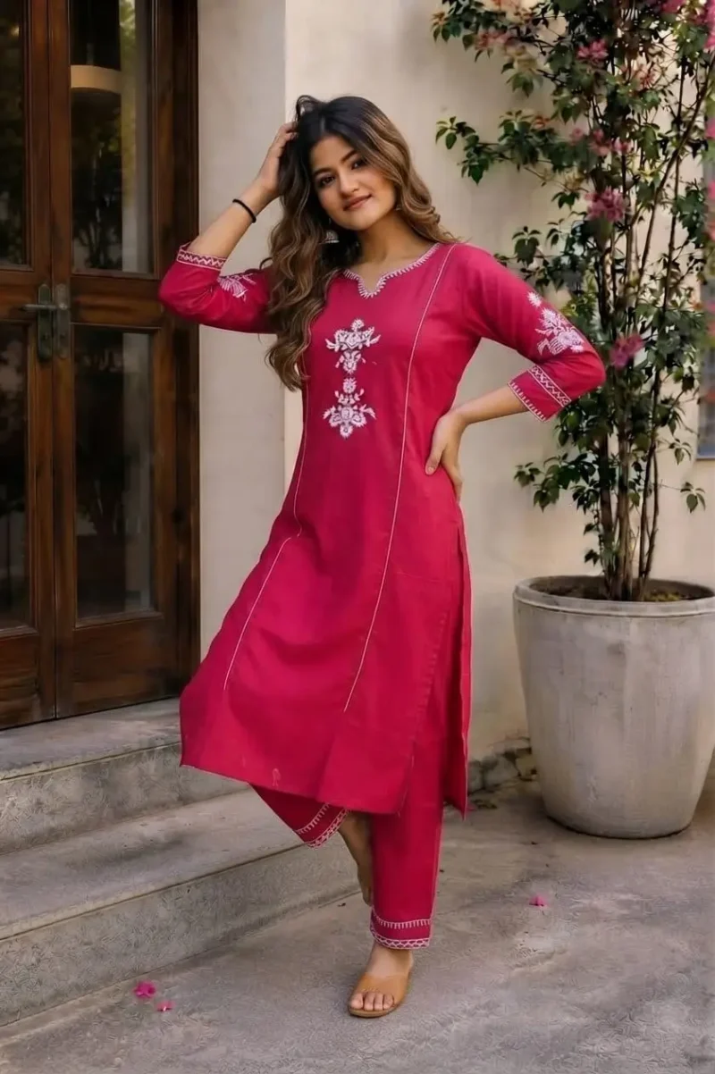 Women's Pink Embroidered Cotton Kurta Pant Set front look