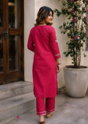 Women's Pink Embroidered Cotton Kurta Pant Set backside