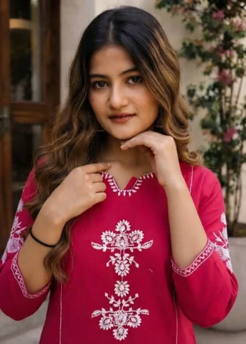 Women's Pink Embroidered Cotton Kurta Pant Set close