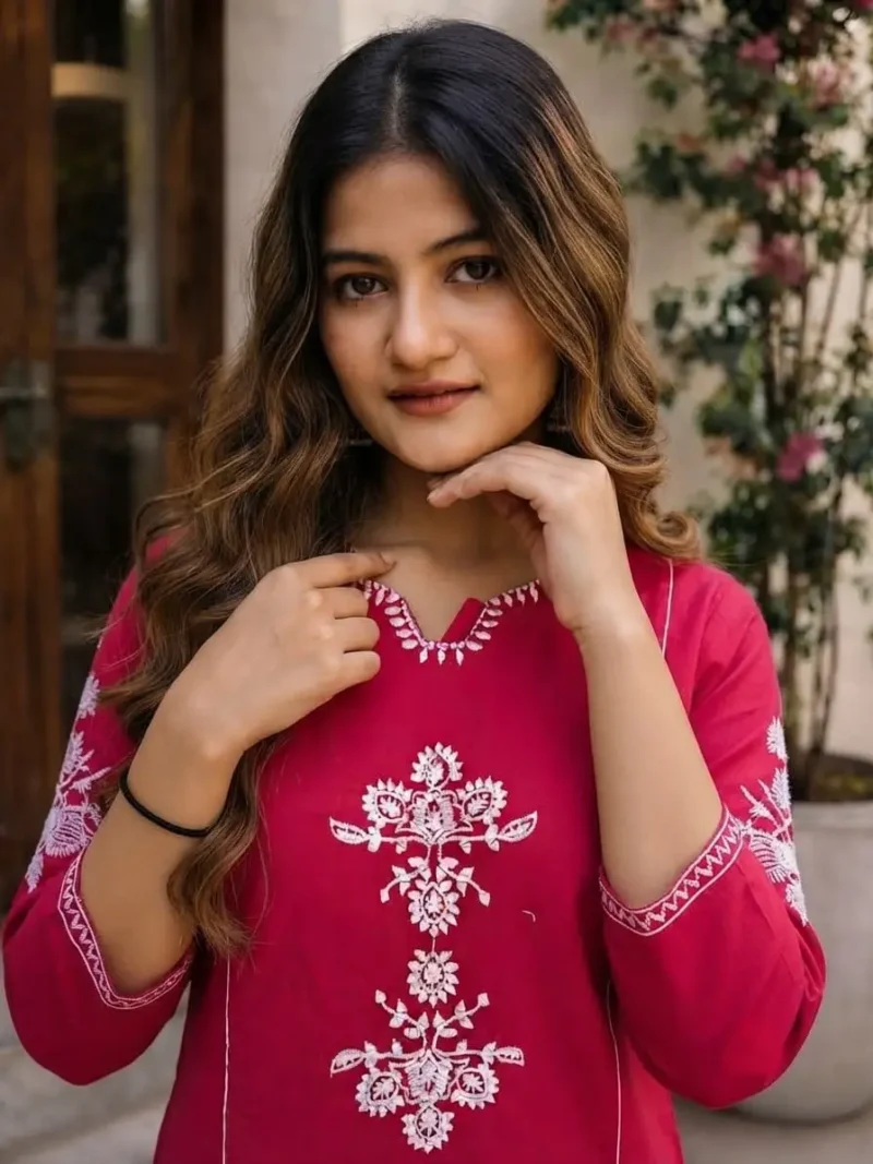 Women's Pink Embroidered Cotton Kurta Pant Set close