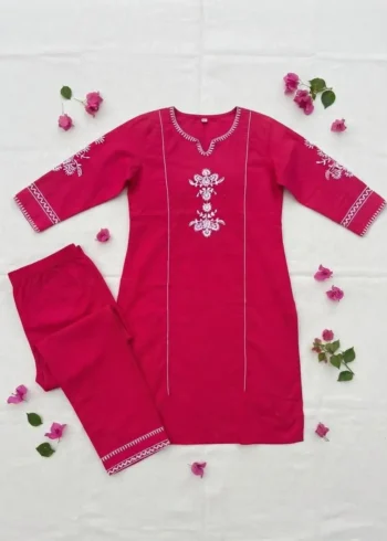 Women's Pink Embroidered Cotton Kurta Pant Set live