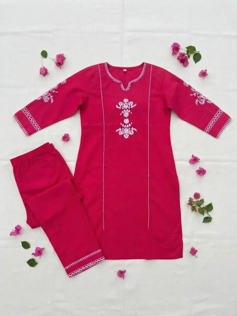 Women's Pink Embroidered Cotton Kurta Pant Set live