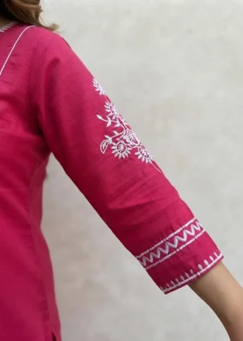 Women's Pink Embroidered Cotton Kurta Pant Set sleeve