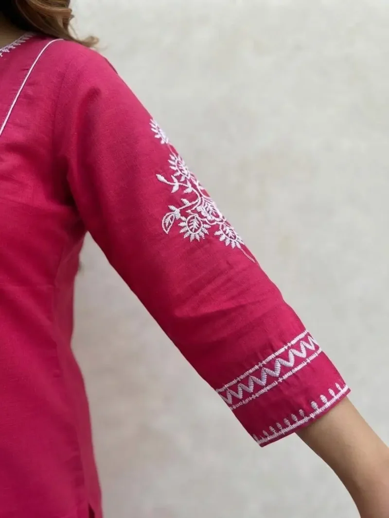 Women's Pink Embroidered Cotton Kurta Pant Set sleeve