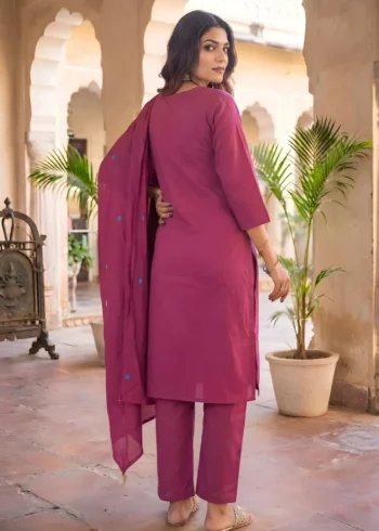 Women's Rani Pink 60-60 Cotton Kurta Pant Set with Dupatta back side