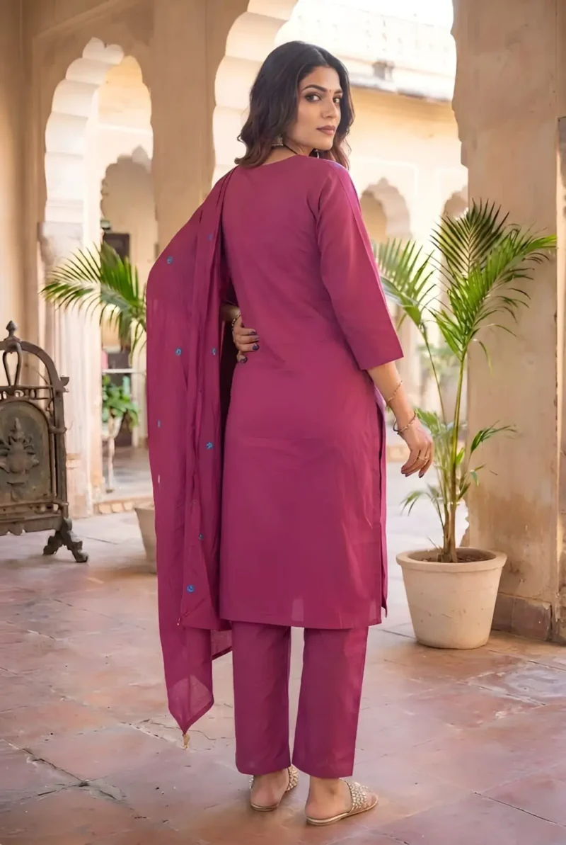 Women's Rani Pink 60-60 Cotton Kurta Pant Set with Dupatta back side