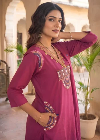 Women's Rani Pink 60-60 Cotton Kurta Pant Set with Dupatta side look