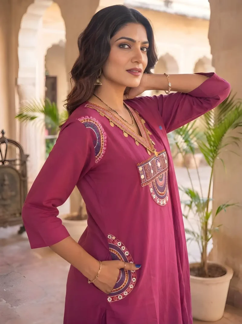 Women's Rani Pink 60-60 Cotton Kurta Pant Set with Dupatta side look