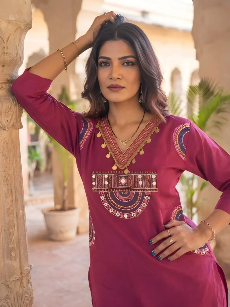 Women's Rani Pink 60-60 Cotton Kurta Pant Set with Dupatta close look