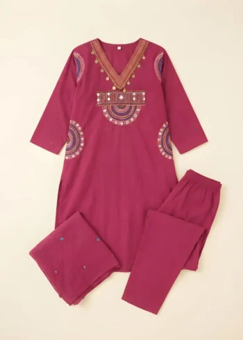Women's Rani Pink 60-60 Cotton Kurta Pant Set with Dupatta live