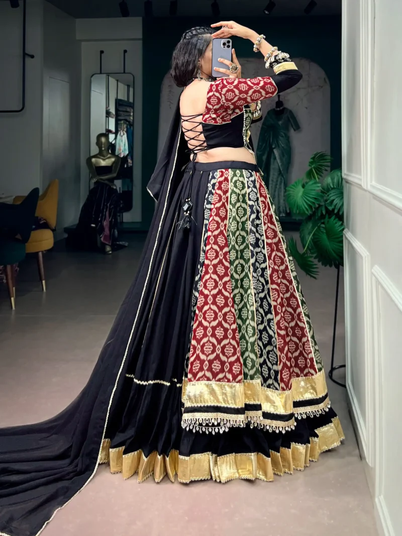 Multicolour Women's Rayon Navratri Chaniya Choli with Heritage Prints back design