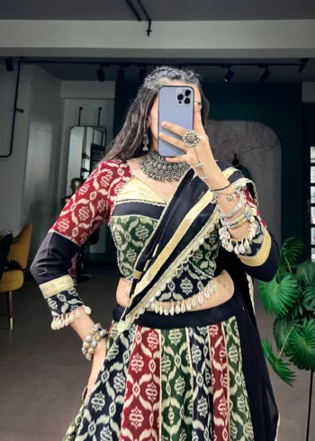 Multicolour Women's Rayon Navratri Chaniya Choli with Heritage Prints close look
