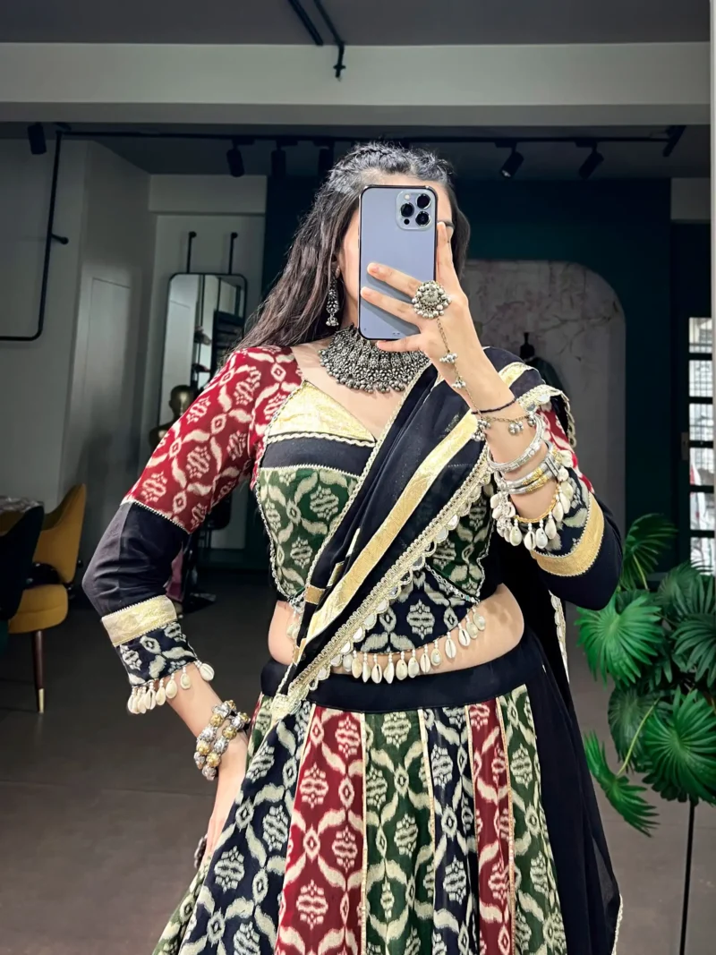 Multicolour Women's Rayon Navratri Chaniya Choli with Heritage Prints close look