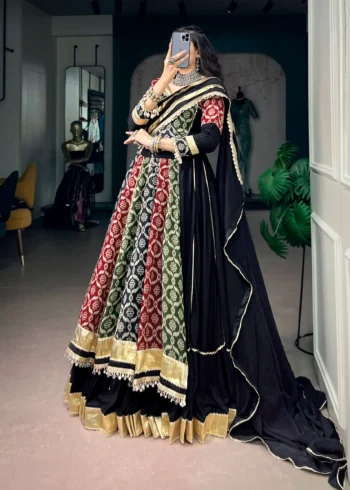 Multicolour Women's Rayon Navratri Chaniya Choli with Heritage Prints side look
