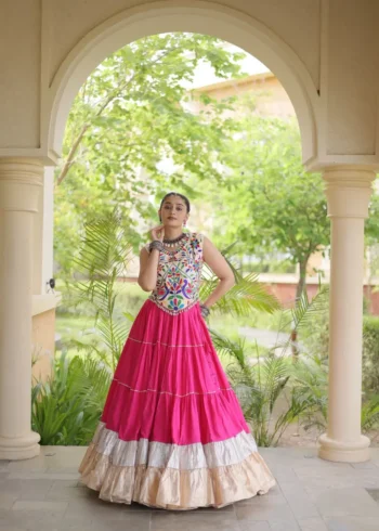 Pink Rayon Navratri Lehenga Choli with Kutchi Work front look