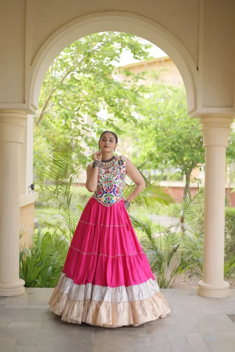Pink Rayon Navratri Lehenga Choli with Kutchi Work front look