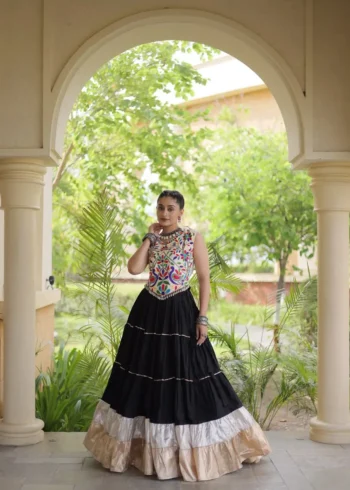 Black Rayon Navratri Lehenga Choli with Kutchi Work front look