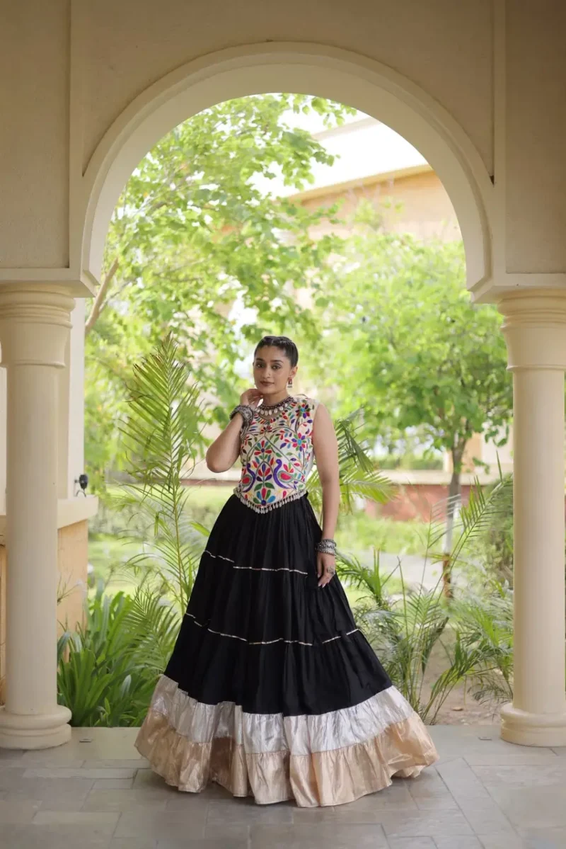 Black Rayon Navratri Lehenga Choli with Kutchi Work front look