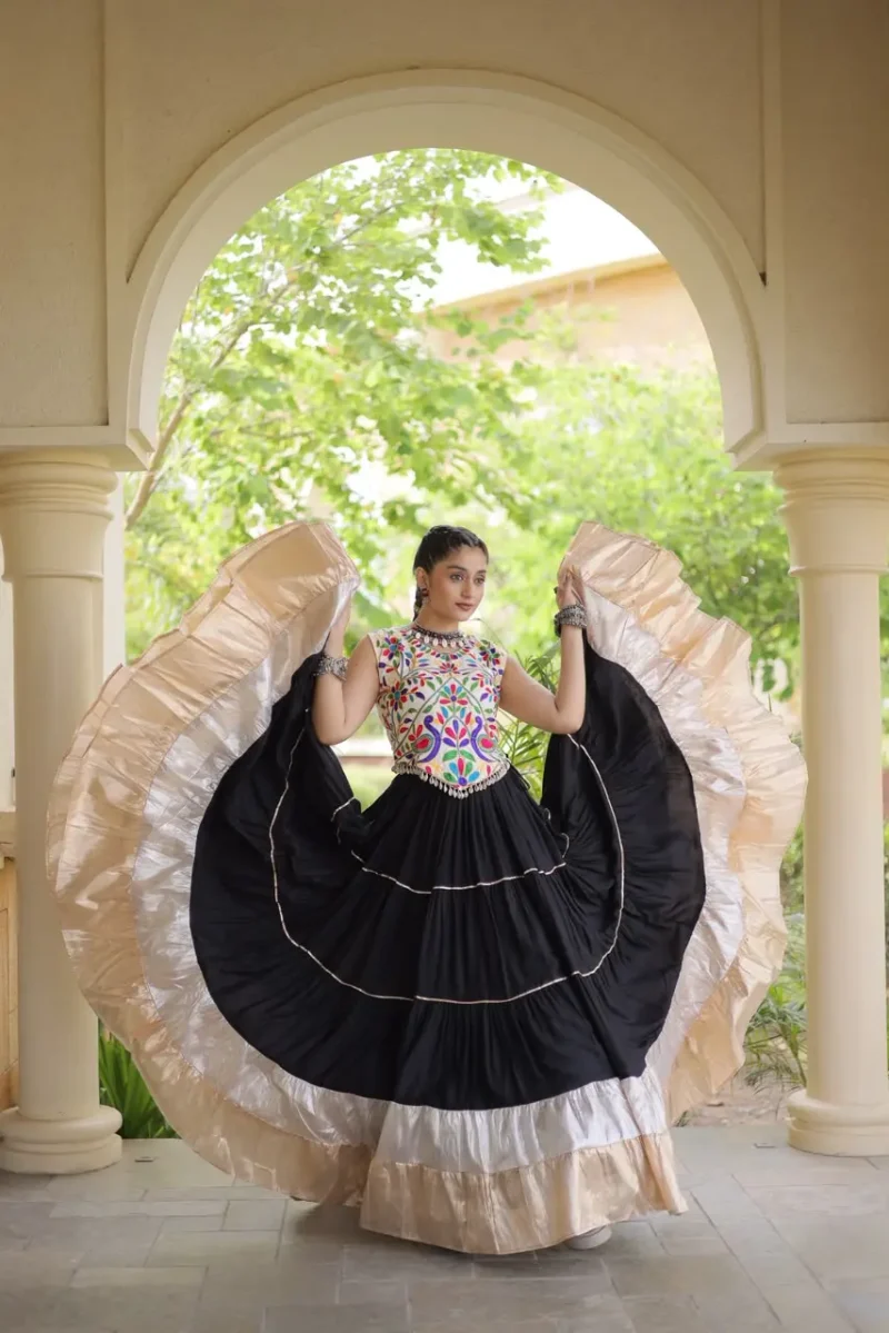 Black Rayon Navratri Lehenga Choli with Kutchi Work full flair look