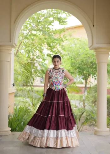 Brown Rayon Navratri Lehenga Choli with Kutchi Work front look