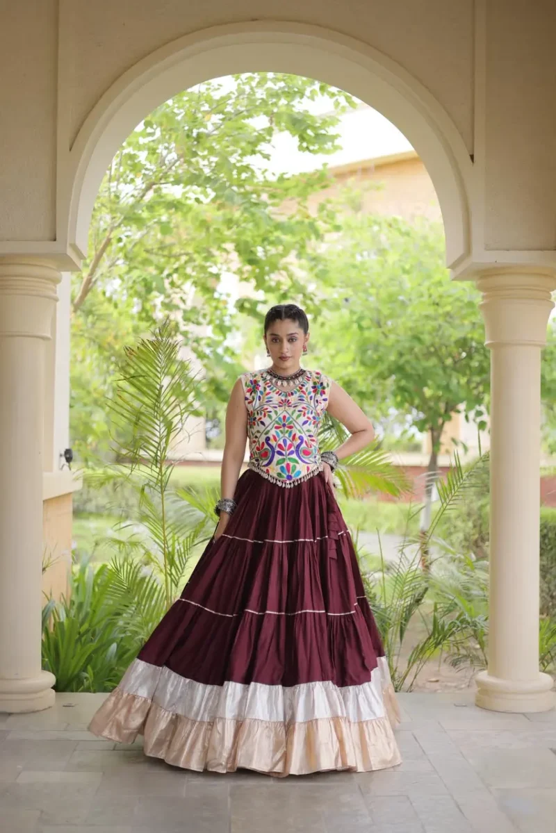 Brown Rayon Navratri Lehenga Choli with Kutchi Work front look
