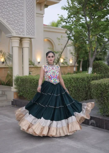 Green Rayon Navratri Lehenga Choli with Kutchi Work full flair look