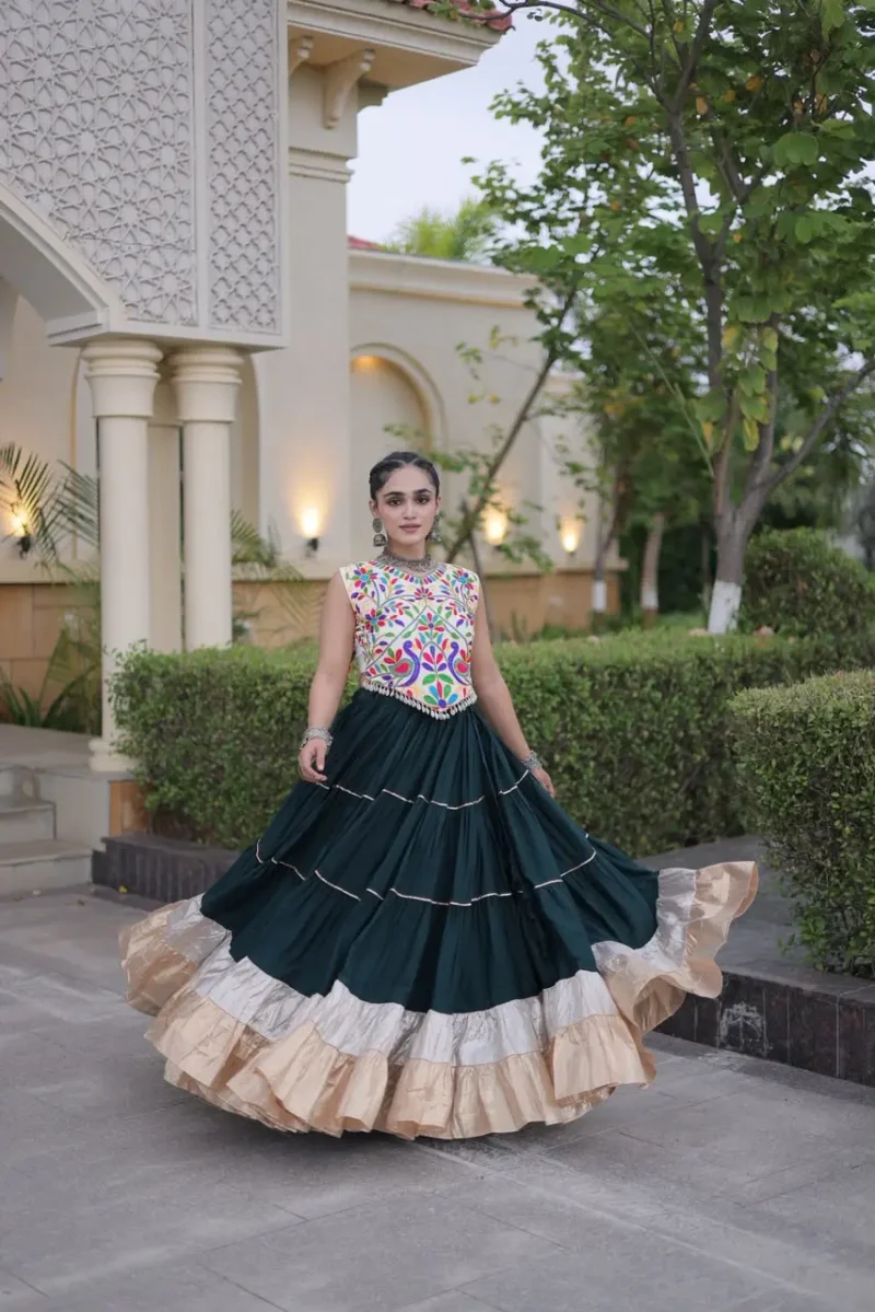 Green Rayon Navratri Lehenga Choli with Kutchi Work full flair look