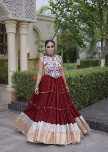 Maroon Rayon Navratri Lehenga Choli with Kutchi Work flair look
