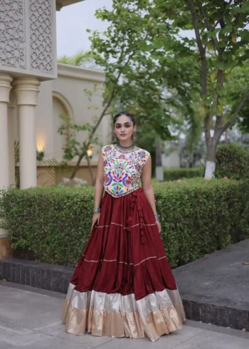 Maroon Rayon Navratri Lehenga Choli with Kutchi Work front look