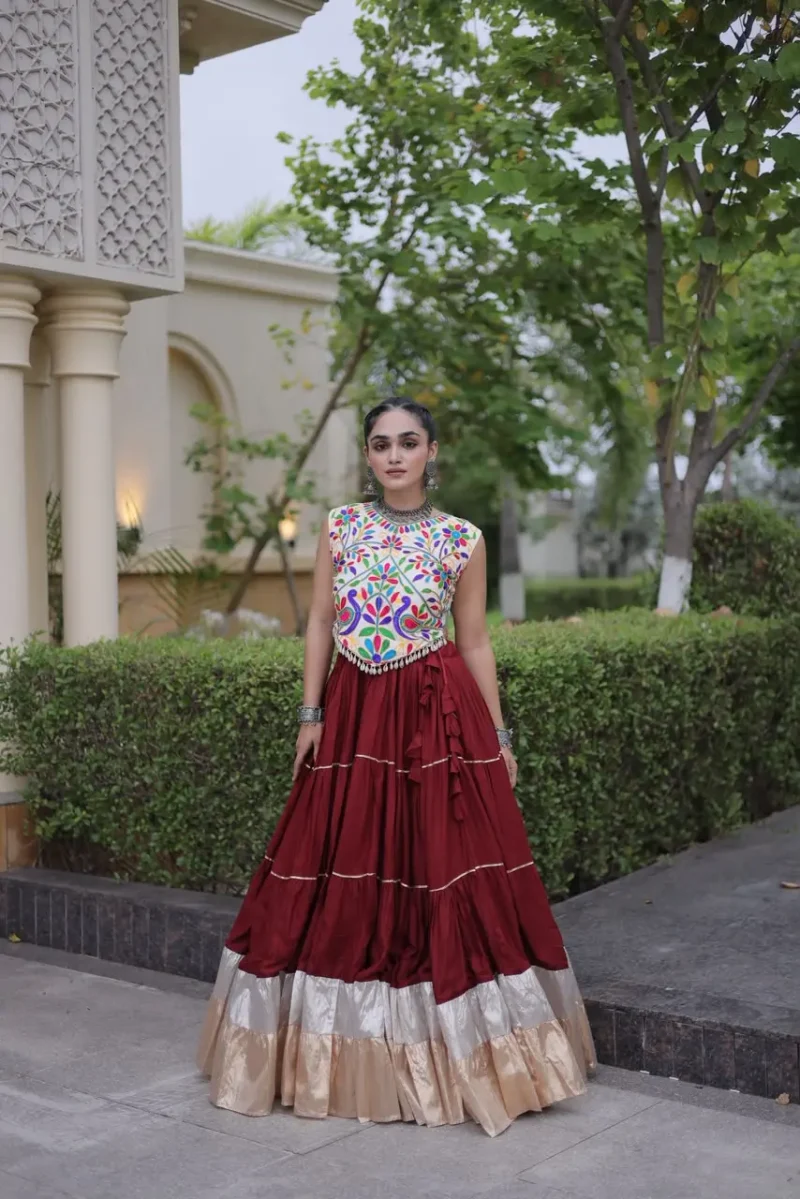 Maroon Rayon Navratri Lehenga Choli with Kutchi Work front look