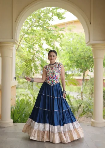 Navyblue Rayon Navratri Lehenga Choli with Kutchi Work full look