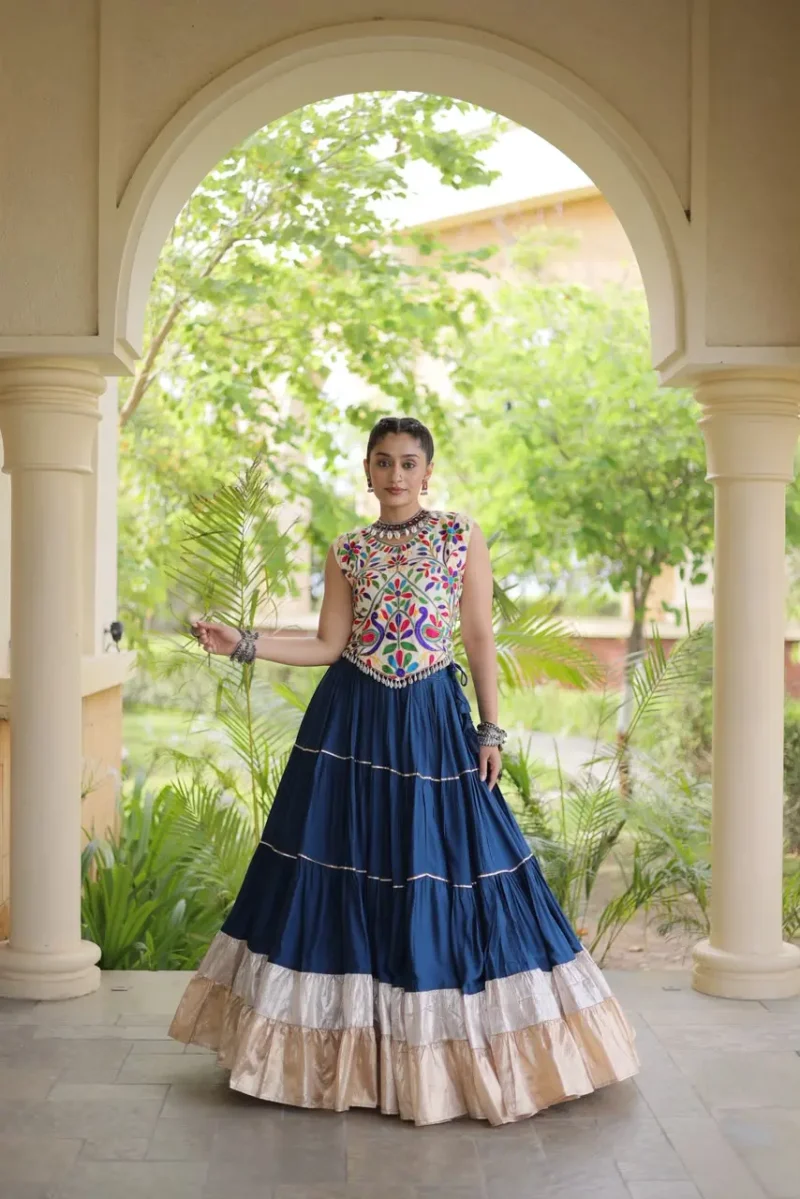 Navyblue Rayon Navratri Lehenga Choli with Kutchi Work full look