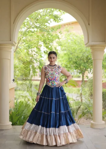 Navyblue Rayon Navratri Lehenga Choli with Kutchi Work front look