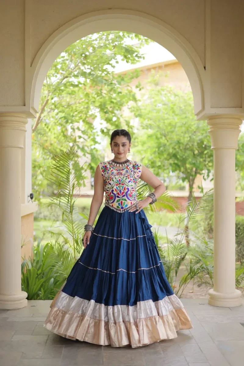 Navyblue Rayon Navratri Lehenga Choli with Kutchi Work front look