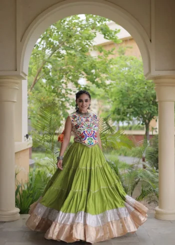 Parrot Green Rayon Navratri Lehenga Choli with Kutchi Work flair look