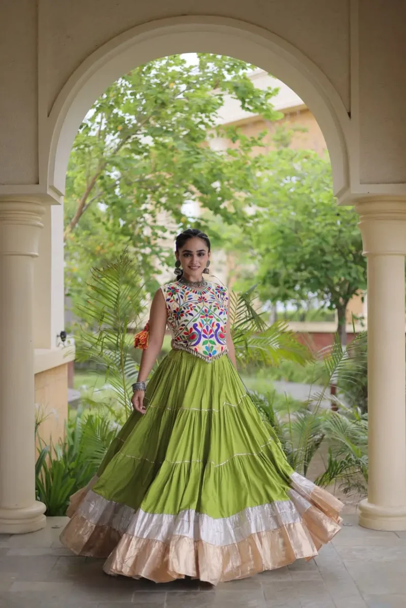 Parrot Green Rayon Navratri Lehenga Choli with Kutchi Work flair look