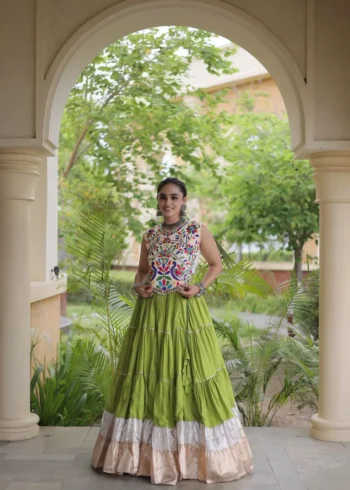 Parrot Green Rayon Navratri Lehenga Choli with Kutchi Work front look
