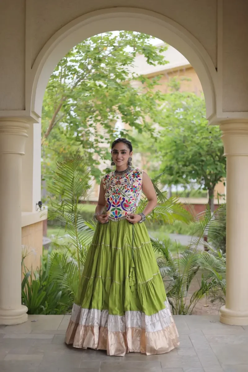 Parrot Green Rayon Navratri Lehenga Choli with Kutchi Work front look