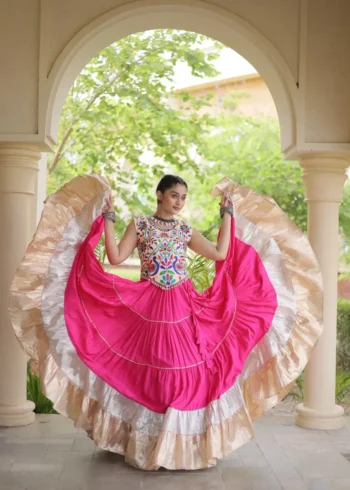 Pink Rayon Navratri Lehenga Choli with Kutchi Work full flair