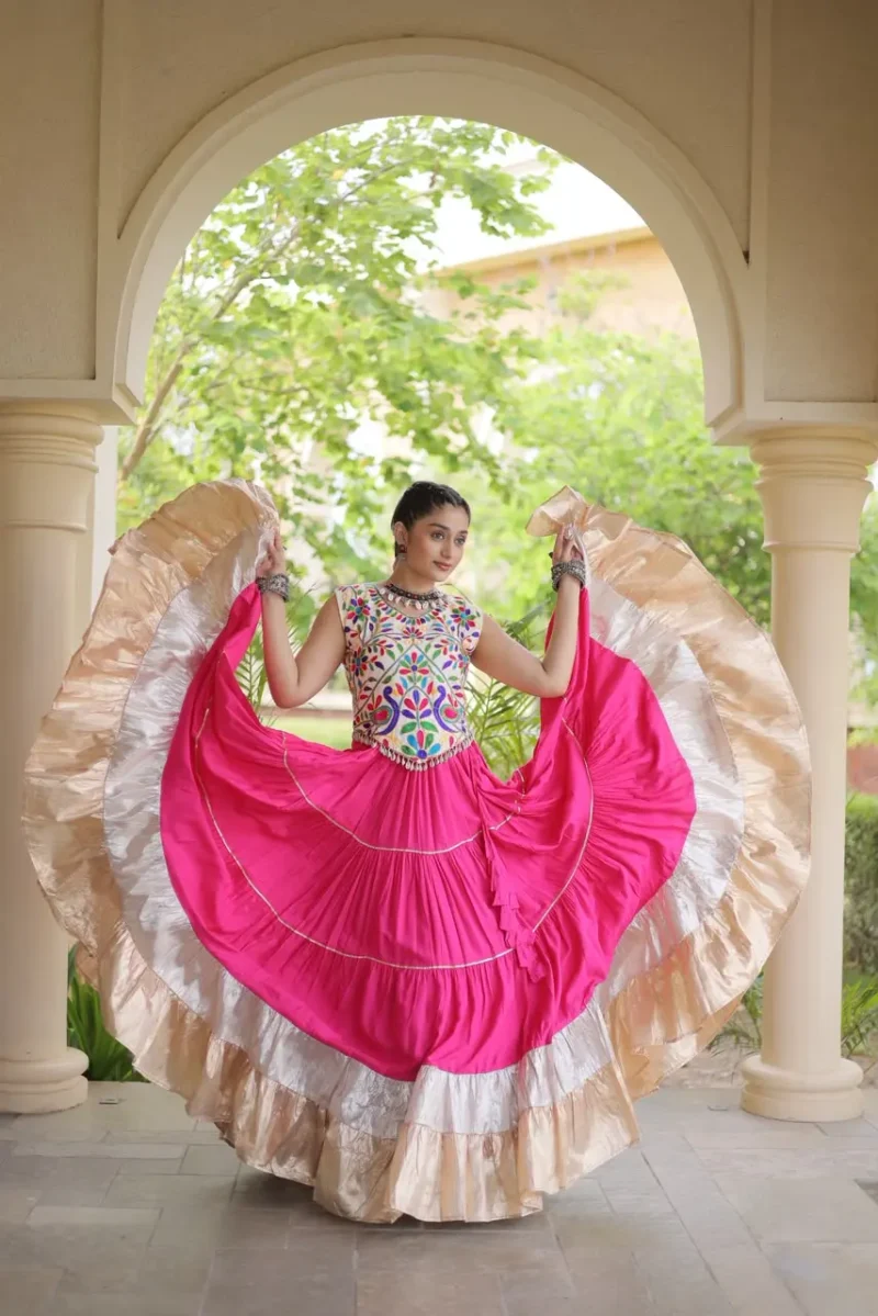Pink Rayon Navratri Lehenga Choli with Kutchi Work full flair