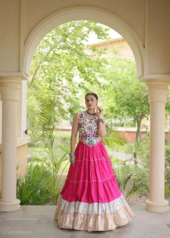 Pink Rayon Navratri Lehenga Choli with Kutchi Work front look