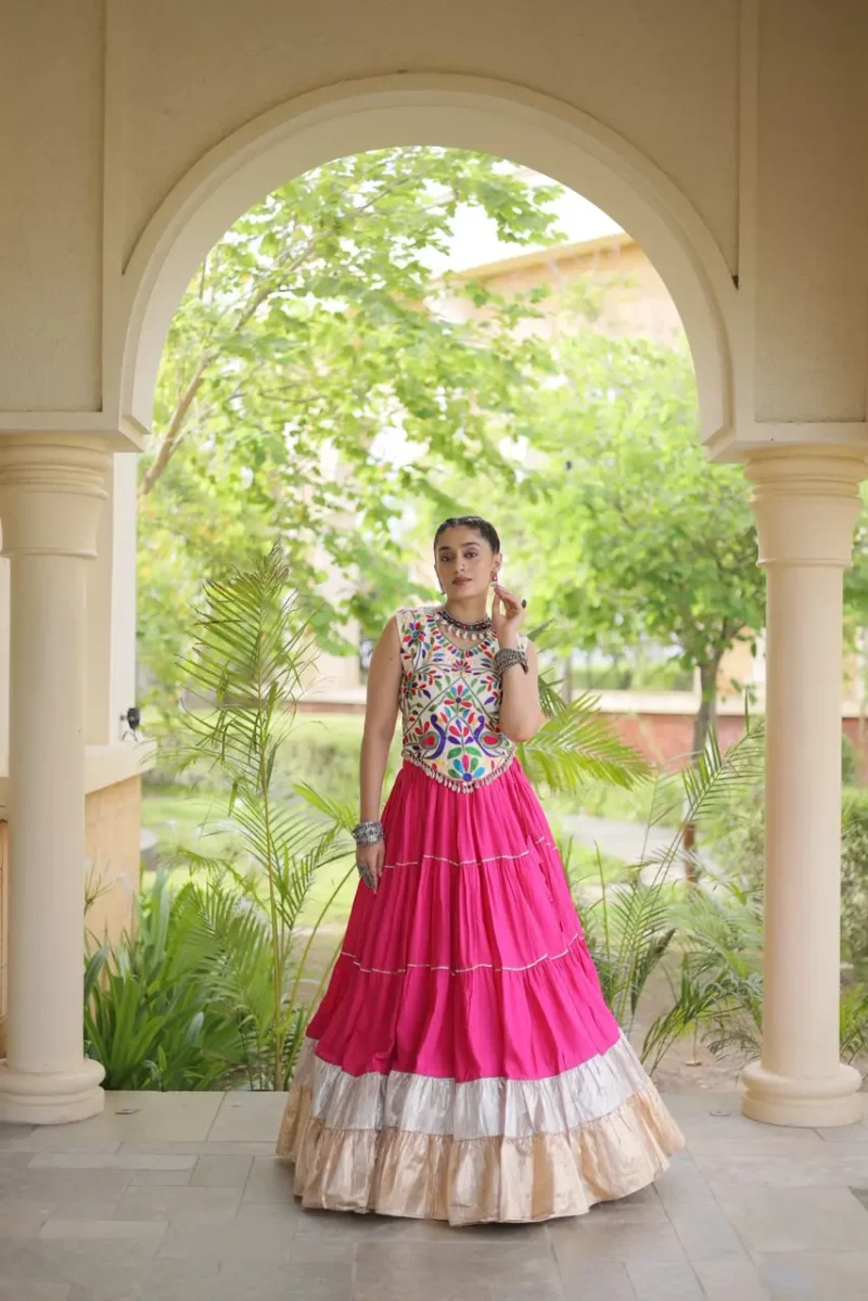 Pink Rayon Navratri Lehenga Choli with Kutchi Work front look